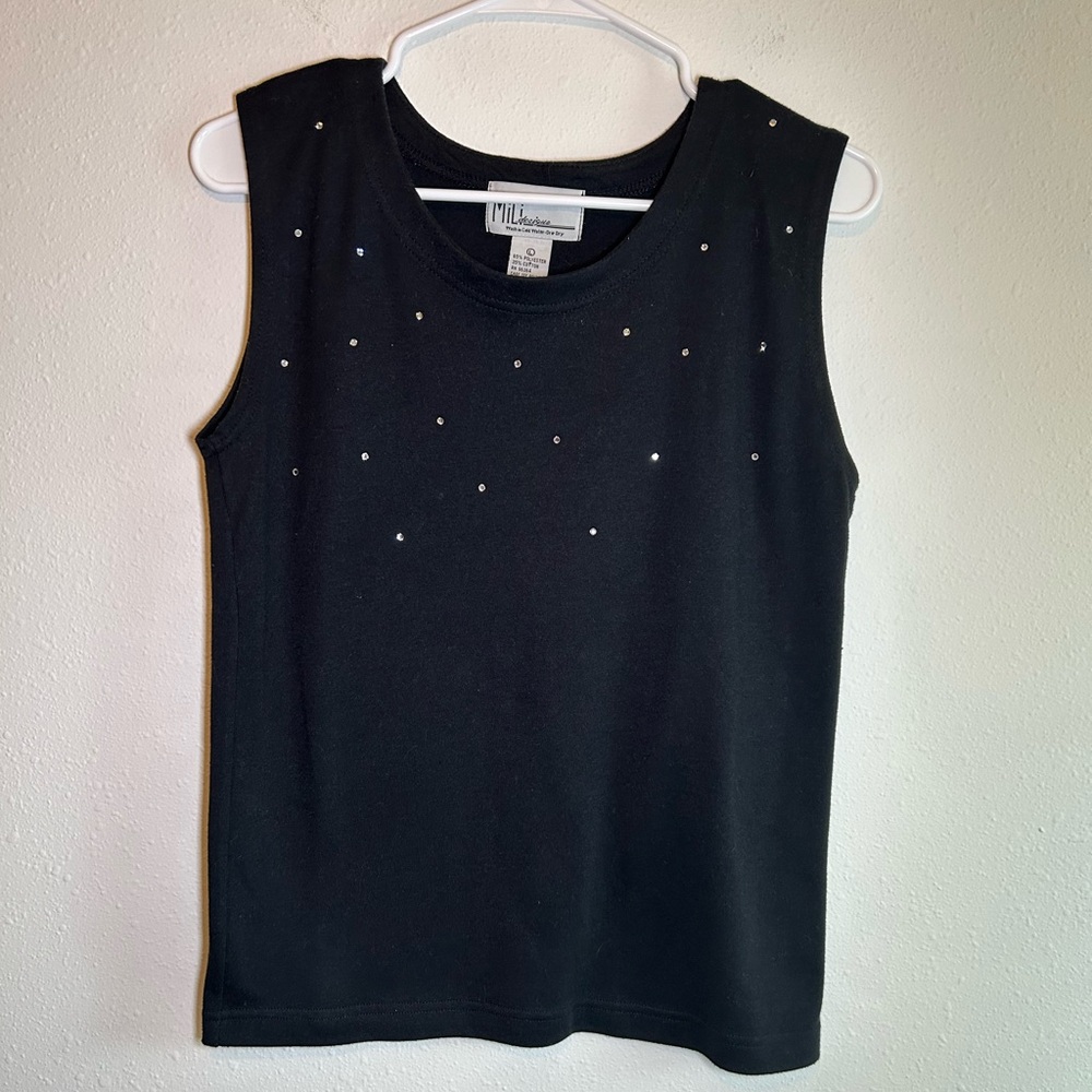 VTG Y2K Black Sleeveless Top Rhinestones Sz L Bedazzled Bratzcore McBling Fairy